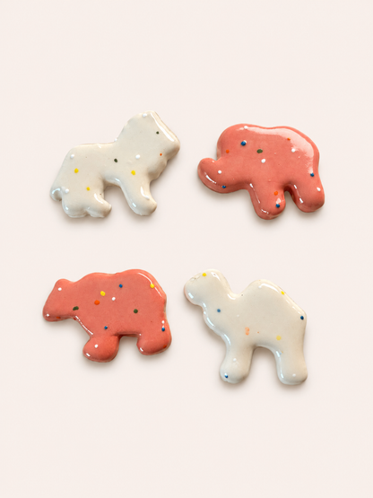 Pink and White Frosted Animal Cracker Magnets - Nostalgic Refrigerator Magnets, Pack of 4
