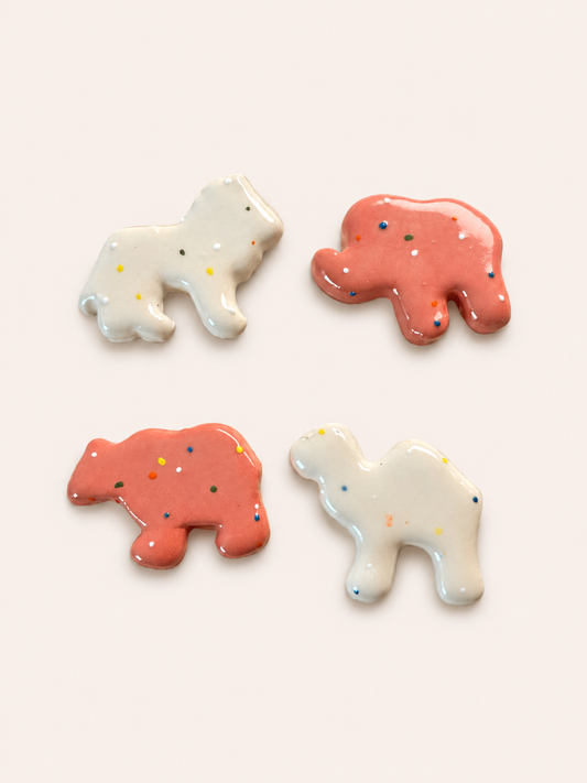 Pink and White Frosted Animal Cracker Magnets - Nostalgic Refrigerator Magnets, Pack of 4